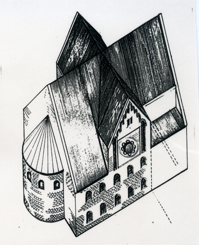 Roof restored to its original shape, axonometric sketch