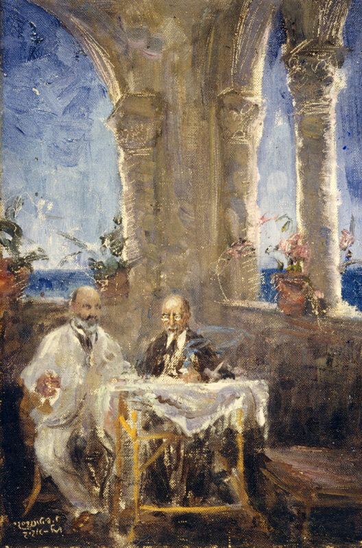 Painting of Ussishkin and Achad Ha'am at the terrace, 1925