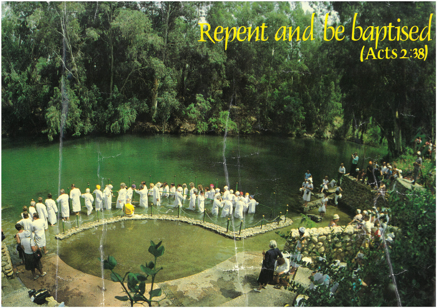 Postcard: pilgrims gathered for baptism at Yardenit, captioned 'Repent and be baptised'